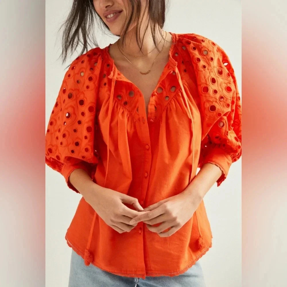 Anthropologie Chantal Eyelet Puff Sleeve Blouse sz XS Orange Button Front Top